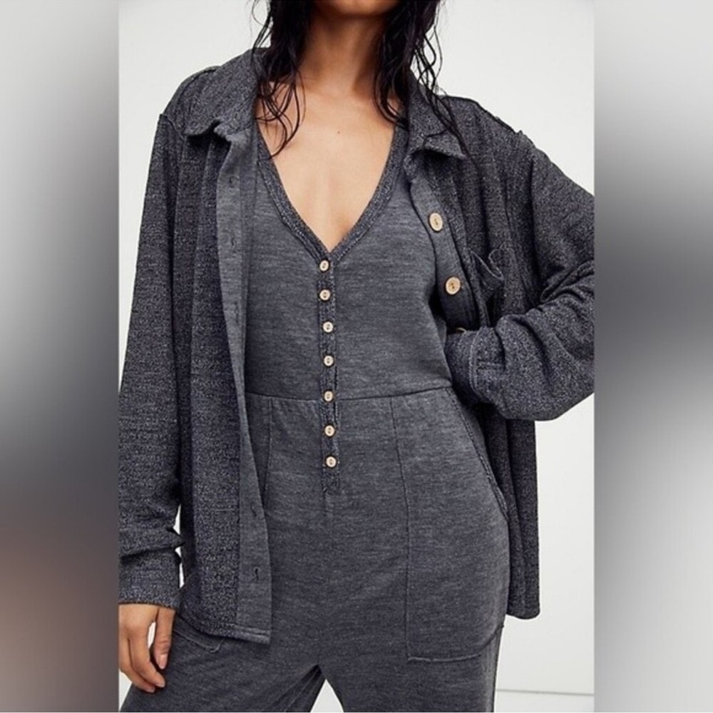 Free People Beach High Rise Flannel Shacket Button Sweater Oversized Relaxed Top